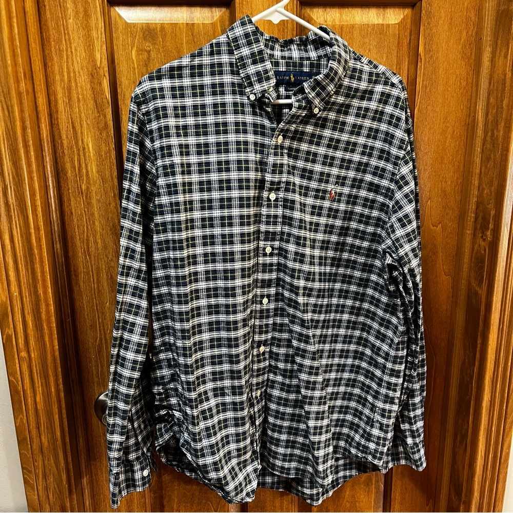 Men’s Ralph Lauren Plaid Blue Green Button Down Flesh Pony XL